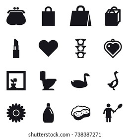 16 vector icon set : purse, shopping bag, lipstick, heart pendant, flower in window, toilet, goose, flower, cleanser, sponge with foam, woman with pipidaster