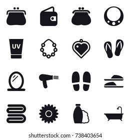 16 vector icon set : purse, wallet, necklace, uv cream, hawaiian wreath, heart pendant, flip-flops, mirror, hair dryer, slippers, towel, flower, shampoo, bath