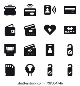 16 vector icon set : purse, tap to pay, pass card, credit card, wallet, atm, identity card, do not distrub, sheep, please clean
