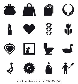 16 vector icon set : purse, shopping bag, necklace, lipstick, heart pendant, flower in window, toilet, goose, flower, cleanser, woman with pipidaster