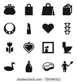 16 vector icon set : purse, shopping bag, necklace, lipstick, heart pendant, flower in window, toilet, goose, cleanser, sponge with foam, woman with pipidaster
