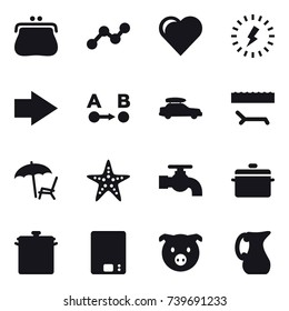 16 vector icon set : purse, graph, heart, lightning, right arrow, car baggage, lounger, starfish, water tap, pan, kitchen scales, pig, jug