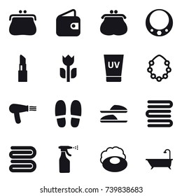 16 vector icon set : purse, wallet, necklace, lipstick, uv cream, hawaiian wreath, hair dryer, slippers, towels, towel, sprayer, soap, bath