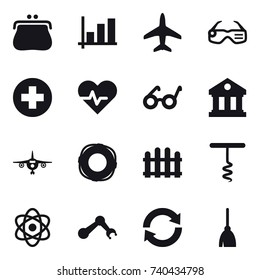 16 vector icon set : purse, graph, plane, smart glasses, library, lifebuoy, fence, corkscrew, reload, broom