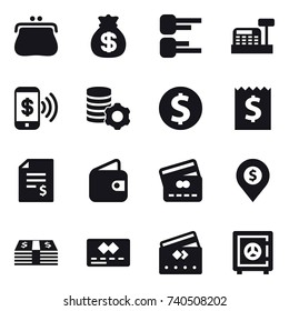 16 vector icon set : purse, money bag, diagram, cashbox, phone pay, virtual mining, dollar coin, receipt, account balance, wallet, credit card, dollar pin, safe