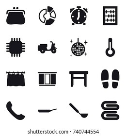 16 vector icon set : purse, circle diagram, alarm clock, abacus, chip, disco ball, thermometer, curtain, wardrobe, stool, slippers, pan, ladle, stack of towels