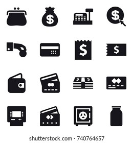 16 vector icon set : purse, money bag, cashbox, dollar arrow, hand coin, credit card, receipt, wallet, atm, safe