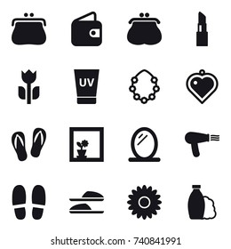 16 vector icon set : purse, wallet, lipstick, uv cream, hawaiian wreath, heart pendant, flip-flops, flower in window, mirror, hair dryer, slippers, flower, shampoo
