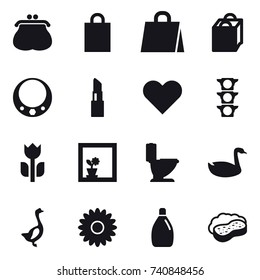 16 vector icon set : purse, shopping bag, necklace, lipstick, flower in window, toilet, goose, flower, cleanser, sponge with foam