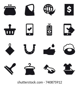 16 vector icon set : purse, mobile checking, remote control, rag, horseshoe, hand drop, soap, scraper, hanger, wiping, handle washing