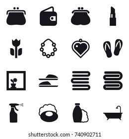 16 vector icon set : purse, wallet, lipstick, hawaiian wreath, heart pendant, flip-flops, flower in window, slippers, towels, towel, sprayer, soap, shampoo, bath