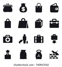 16 vector icon set : purse, money bag, shopping bag, wallet, passenger, suitcase, baggage get, baggage, fertilizer, construct garbage