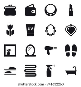 16 vector icon set : purse, wallet, necklace, lipstick, uv cream, hawaiian wreath, heart pendant, flower in window, mirror, hair dryer, slippers, towels, sprayer, bath