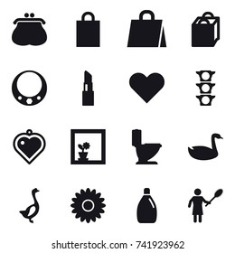 16 vector icon set : purse, shopping bag, necklace, lipstick, heart pendant, flower in window, toilet, goose, flower, cleanser, woman with pipidaster