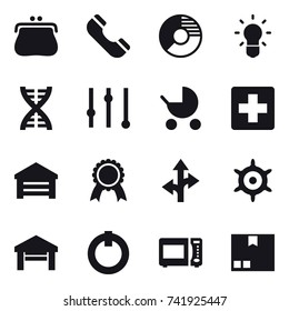 16 vector icon set : purse, phone, circle diagram, bulb, dna, equalizer, baby stroller, garage, medal, handwheel, package