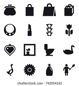 16 vector icon set : purse, shopping bag, necklace, lipstick, heart pendant, flower in window, toilet, goose, flower, cleanser, woman with pipidaster