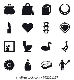 16 vector icon set : purse, shopping bag, necklace, lipstick, heart pendant, flower in window, toilet, goose, flower, cleanser, sponge with foam, woman with pipidaster