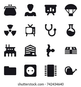 16 vector icon set : purse, woman, presentation, parachute, nuclear, tv, factory, power socket, watering can