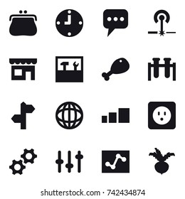 16 vector icon set : purse, clock, message, laser, shop, tools, chicken leg, power socket, beet