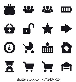 16 vector icon set : purse, group, battery, add to basket, unlock, star, right arrow, info, baby stroller, university, smart house, cart, garage