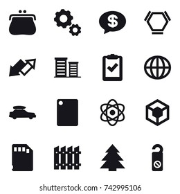 16 vector icon set : purse, gear, money message, hex molecule, up down arrow, district, globe, car baggage, cutting board, fence, spruce, do not distrub