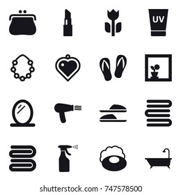 16 vector icon set : purse, lipstick, uv cream, Hawaiian wreath, heart pendant, flip-flops, flower in window, mirror, hair dryer, slippers, towels, towel, sprayer, soap, bath