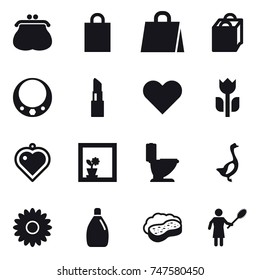 16 vector icon set : purse, shopping bag, necklace, lipstick, heart pendant, flower in window, toilet, goose, flower, cleanser, sponge with foam, woman with pipidastr  
