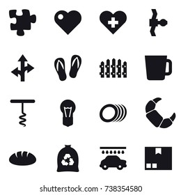 16 vector icon set : puzzle, heart, flip-flops, fence, cup, corkscrew, bread, garbage bag, car wash, package