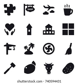 16 vector icon set : puzzle, shop signboard, journey, hot drink, tower, cottage, window, tower crane, island, cooler fan, broom, meat hammer, cow, potato