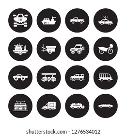 16 vector icon set : Quad, litter car, Lorry, Metro, Minibus, Limousine, paddlewheeler, Monster truck, Off road isolated on black background