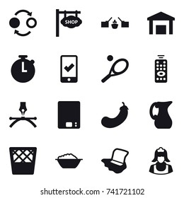 16 vector icon set : quantum bond, shop signboard, drawbridge, mobile checking, tennis, remote control, kitchen scales, eggplant, jug, trash bin, foam basin, floor washing, cleaner