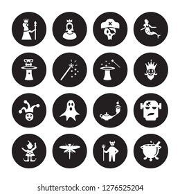 16 vector icon set : Queen, Devil, Dragonfly, Elf, Frankenstein, Cauldron, Magician, Joker, Magic isolated on black background