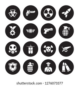 16 vector icon set : radiation, Veteran, Whizbang with Rong, Badge, Cannon, Two Bullets, Medal, Gas mask, Gun isolated on black background
