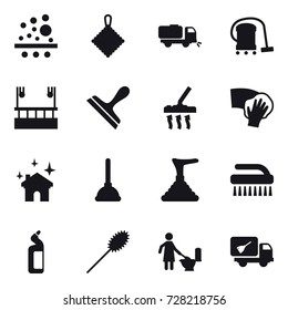 16 vector icon set : rag, sweeper, vacuum cleaner, skyscapers cleaning, scraper, wiping, house cleaning, plunger, brush, toilet cleanser, duster, toilet cleaning, home call cleaning