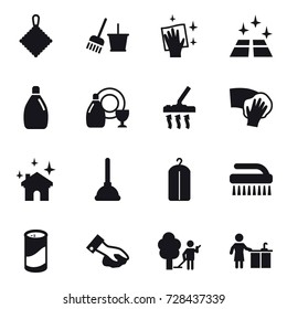 16 vector icon set : rag, bucket and broom, wiping, clean floor, cleanser, dish cleanser, vacuum cleaner, house cleaning, plunger, dry wash, brush, cleanser powder, garden cleaning, kitchen cleaning