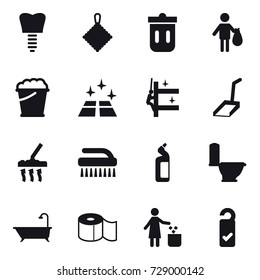 16 vector icon set : rag, trash bin, trash, foam bucket, clean floor, skyscrapers cleaning, scoop, vacuum cleaner, brush, toilet cleanser, toilet, bath, toilet paper, garbage bin, please clean