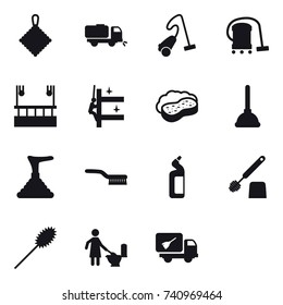 16 vector icon set : rag, sweeper, vacuum cleaner, skyscapers cleaning, skyscrapers cleaning, sponge with foam, plunger, brush, toilet cleanser, toilet brush, duster, toilet cleaning