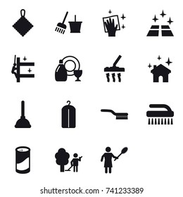 16 vector icon set : rag, bucket and broom, wiping, clean floor, skyscrapers cleaning, dish cleanser, vacuum cleaner, house cleaning, plunger, dry wash, brush, cleanser powder, garden cleaning
