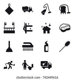 16 vector icon set : rag, sweeper, vacuum cleaner, skyscapers cleaning, skyscrapers cleaning, house cleaning, sponge with foam, plunger, brush, toilet cleanser, duster, toilet cleaning