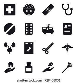 16 vector icon set : real estate, pills bottle, hand leaf, rake