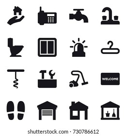 16 vector icon set : real estate, water tap, toilet, power switch, alarm, hanger, corkscrew, repair tools, vacuum cleaner, welcome mat, slippers, garage, house, utility room