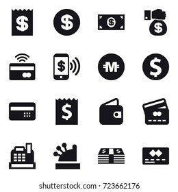 16 vector icon set : receipt, dollar, money, money gift, tap to pay, phone pay, crypto currency, dollar coin, credit card, receipt, wallet, credit card, cashbox, cashbox
