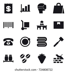 16 vector icon set : receipt, graph, virtual mask, shopping bag, barcode, cargo stoller, fort, phone, towel, meat hammer, coffee seeds, berry, construct garbage