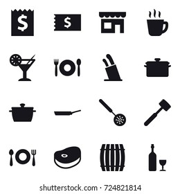 16 vector icon set : receipt, shop, hot drink, cocktail, cafe, stands for knives, pan, skimmer, meat hammer, barrel, wine