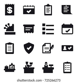 16 vector icon set : receipt, calendar, clipboard, shopping list, cashbox, atm receipt, list, check in, baggage checking, inspector, reception, clipboard list