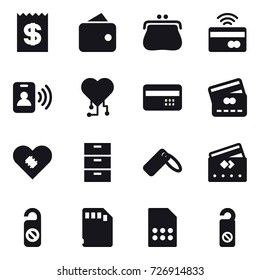 16 vector icon set : receipt, wallet, purse, tap to pay, pass card, cardio chip, credit card, do not distrub