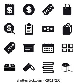 16 vector icon set : receipt, dollar, sale, shopping bag, dollar arrow, clipboard, money, sale label, atm receipt, calendar, panel house, towels, toilet paper