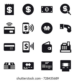 16 vector icon set : receipt, dollar, money, dollar arrow, tap to pay, phone pay, crypto currency, hand coin, credit card, mobile pay, wallet, cashbox, atm