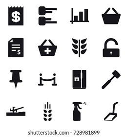 16 vector icon set : receipt, diagram, graph, basket, account balance, add to basket, unlock, vip fence, fridge, meat hammer, soil cutter, spikelets, sprayer, scoop