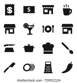 16 vector icon set : receipt, shop, hot drink, cocktail, cafe, cutting board, pan, cook hat, big spoon, chef knife, hot pepper